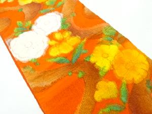 リサイクル　手織紬流水に草花模様織出し名古屋帯